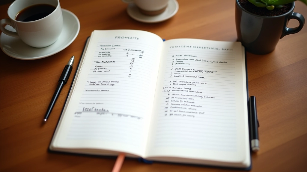 Caderno de anotações aberto com caneta, sobre uma mesa de madeira com xícara de café