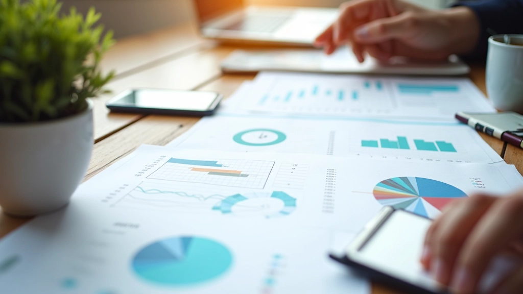 Pessoa a trabalhar numa secretária com gráficos financeiros impressos, ambiente de trabalho organizado, luz natural